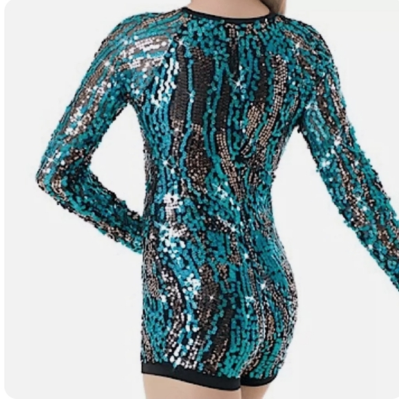 WEISSMAN WOMEN'S BLACK DANCE COSTUME EMBELLISHED IN TOURQUIOSE & GOLD SEQUINS - Picture 2 of 6